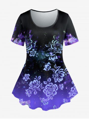 Plus Size Flower Galaxy Glitter Print Ombre Short Sleeves T-shirt - PURPLE - S