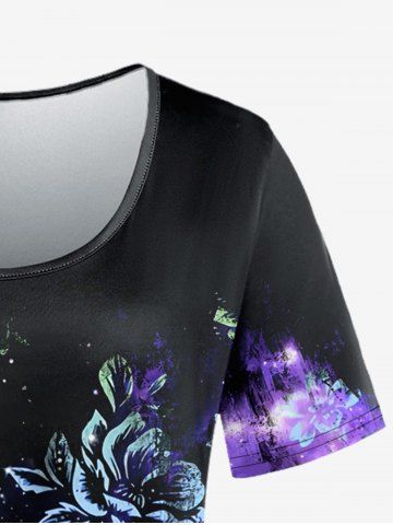 Plus Size Flower Galaxy Glitter Print Ombre Short Sleeves T-shirt