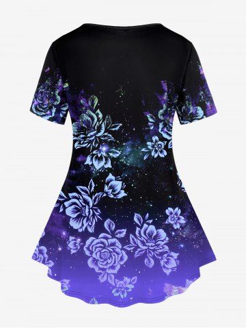 Plus Size Flower Galaxy Glitter Print Ombre Short Sleeves T-shirt