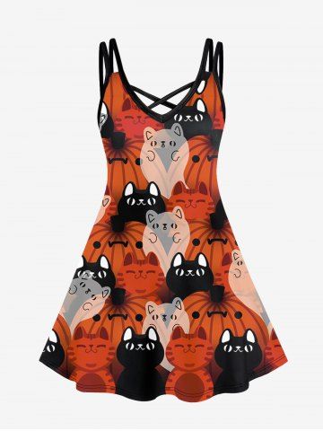 Plus Size Cat Pumpkin Print Crisscross Cami Dress - ORANGE - 3X
