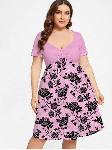 Plus Size Flower Print Cinched Dress - LIGHT PINK - S