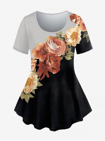 Plus Size Colorblock Flower Print T-shirt - BLACK - 6X