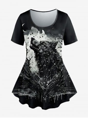 Gothic Wolf Moon Tree Painting Splatter Print Short Sleeves T-shirt - BLACK - XS