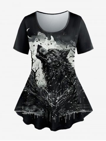 T-shirt Gothique Peinture Eclaboussée Loup et Lune Imprimés à Manches Courtes - BLACK - 6X