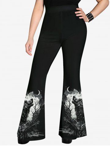 Gothic Wolf Moon Tree Painting Splatter Print Flare Pants
