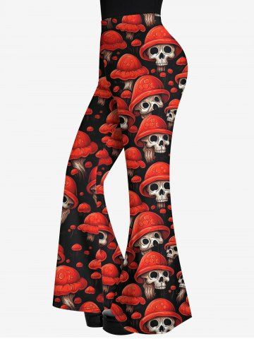 Gothic Skull Mushroom Hat Print Flare Pants - RED - S