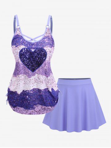 Plus Size Sparkling Sequin Heart Crisscross Cinched Skirt Tankini Swimsuit - Purple - 4x | Us 26-28
