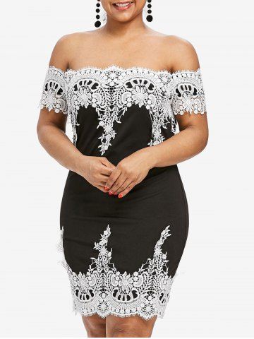 Plus Size Floral Lace Applique Off The Shoulder Bodycon Dress - BLACK - 2X | US 18-20