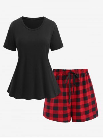 Plus Size Solid Color Top and Plaid Bowknot Tied Shorts Pajama Set - BLACK - 5XL