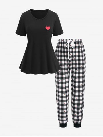 Plus Size Heart Top and Love Plaid Bowknot Tied Elastic Pants Pajama Set - BLACK - 1XL