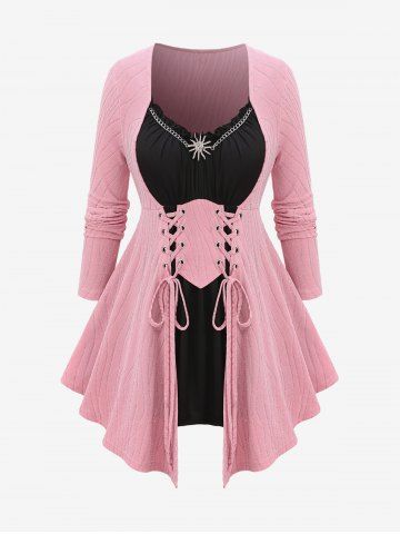 Plus Size Sun Chain Ruched Textured Glitter Lace Up Patchwork T-shirt - LIGHT PINK - M | US 10