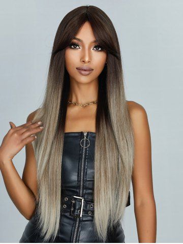 Women's Middle Part Bangs Chocolate Color Ombre Long Silky Straight Synthetic Wig - LIGHT KHAKI - 30INCH