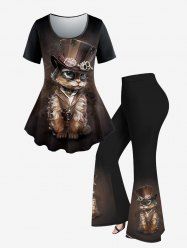 Plus Size Cat Hat Floral Printed T-shirt and Flare Pants 70s 80s Outfit -  