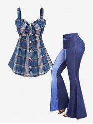 Plaid Ruched Buttons Tank Top and Pockets Colorblock Denim Print Flare Pants Plus Size Outfits -  