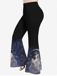 Pantalon Évasé Imprimé Chat Lune et Ailes Galaxie Grande Taille - Noir 6X