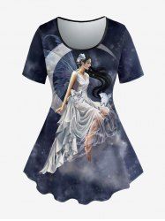Plus Size Galaxy Moon Wings Cat Angel Print T-shirt -  