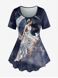 T-shirt Renaissance grande taille imprimé galaxie, lune, ailes, chat, ange - Noir M