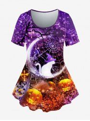 Plus Size Halloween Pumpkin Hat Cat Cross Spider Web Print T-shirt -  