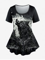 T-shirt Gothique Peinture Eclaboussée Loup et Lune Imprimés à Manches Courtes - Noir 2X