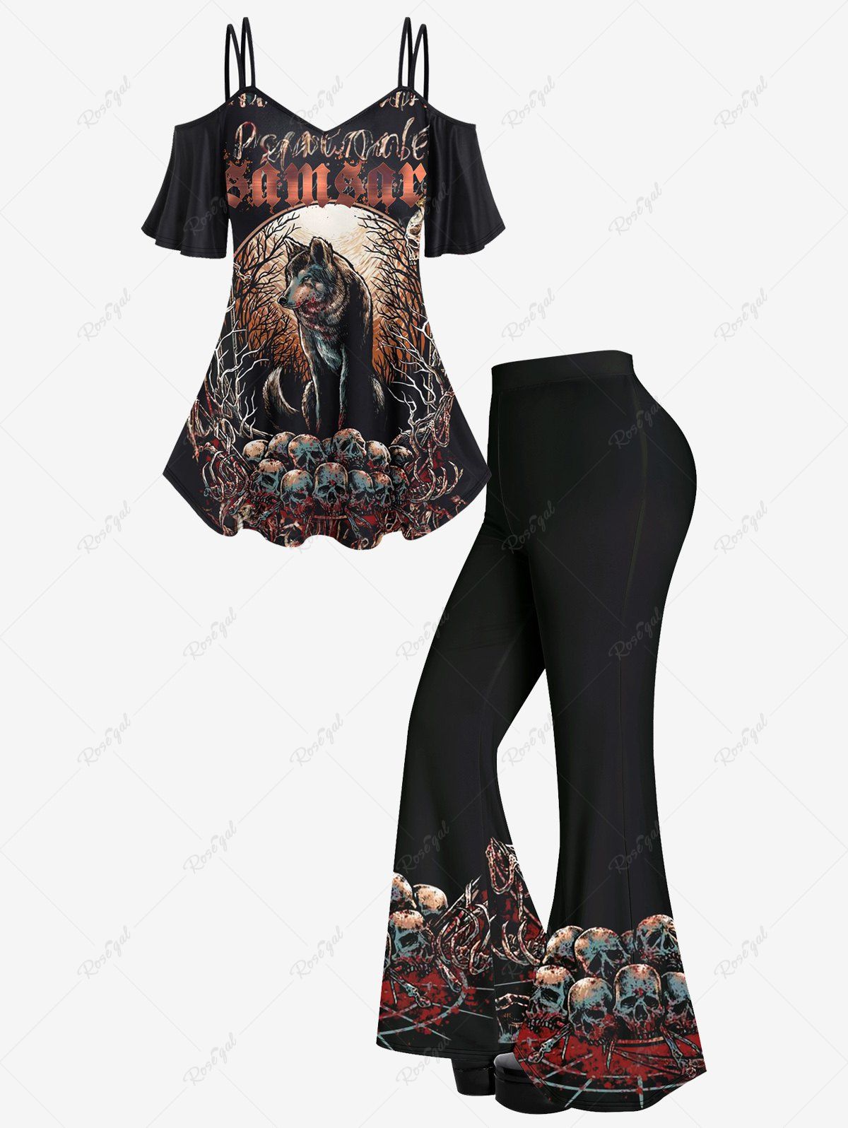 Unique Wolf Tree Skulls Print Cold Shoulder Cami T-shirt And Skulls Bloody Branch Print Flare Pants Gothic Outfit  