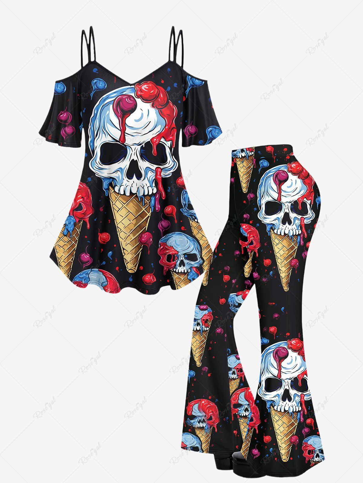 Shops Gothic Skulls Ice Cream Floral Printed Cold Shoulder Cami T-shirt and Flare Pants Outfit  