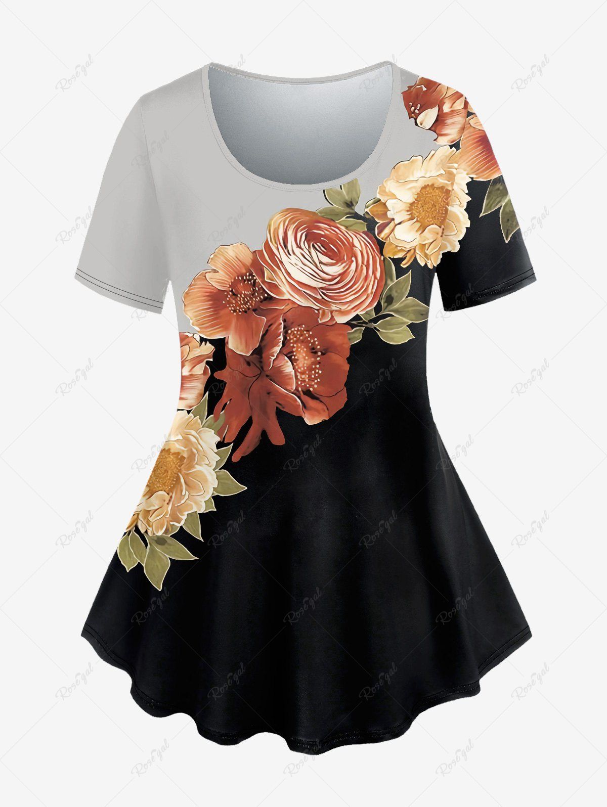 Hot Plus Size Colorblock Flower Print T-shirt  