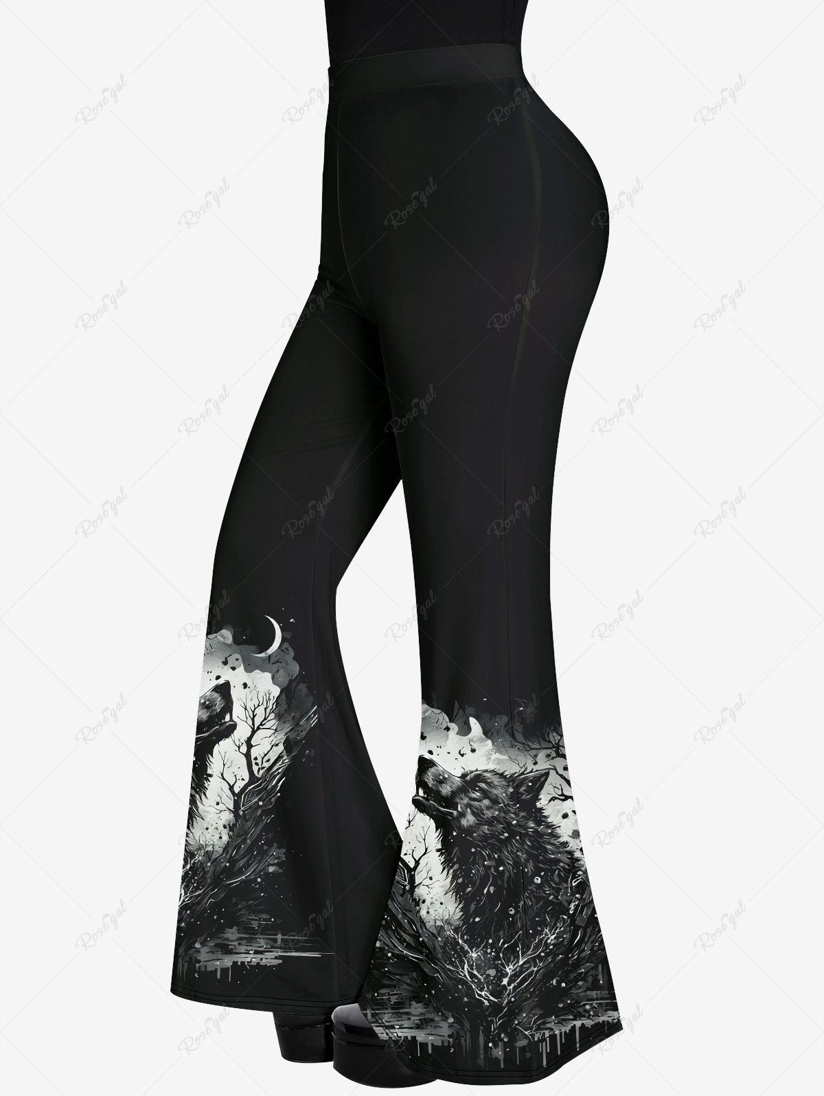 Store Gothic Wolf Moon Tree Painting Splatter Print Flare Pants  