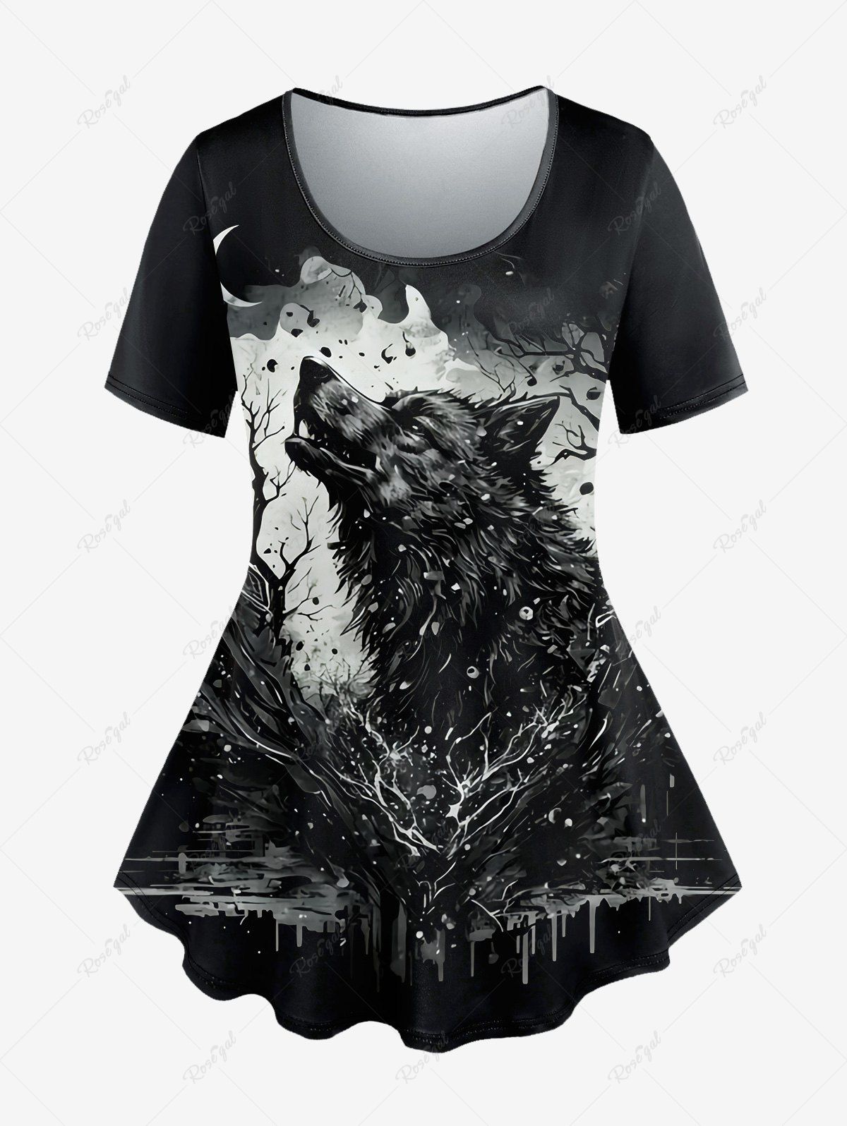 T-shirt Gothique Peinture Eclaboussée Loup et Lune Imprimés à Manches Courtes Noir 1X