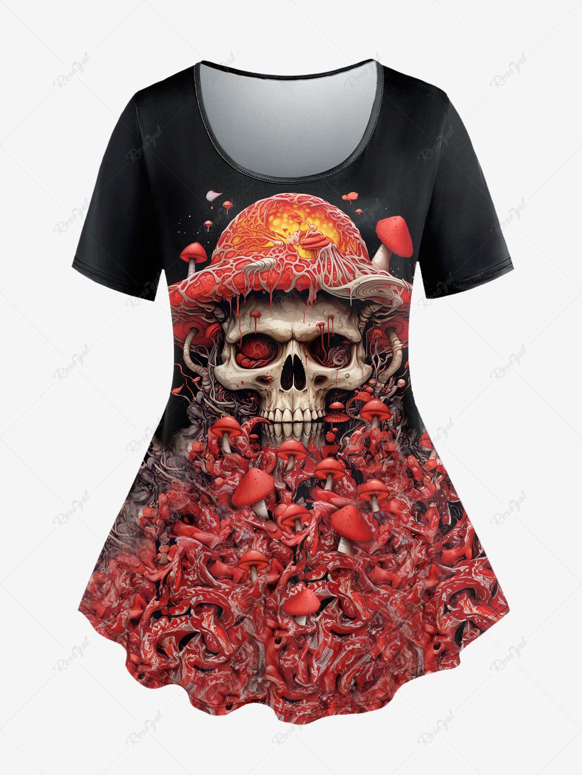 Affordable Gothic Skull Mushroom Bloody Hat Print Short Sleeves T-shirt  