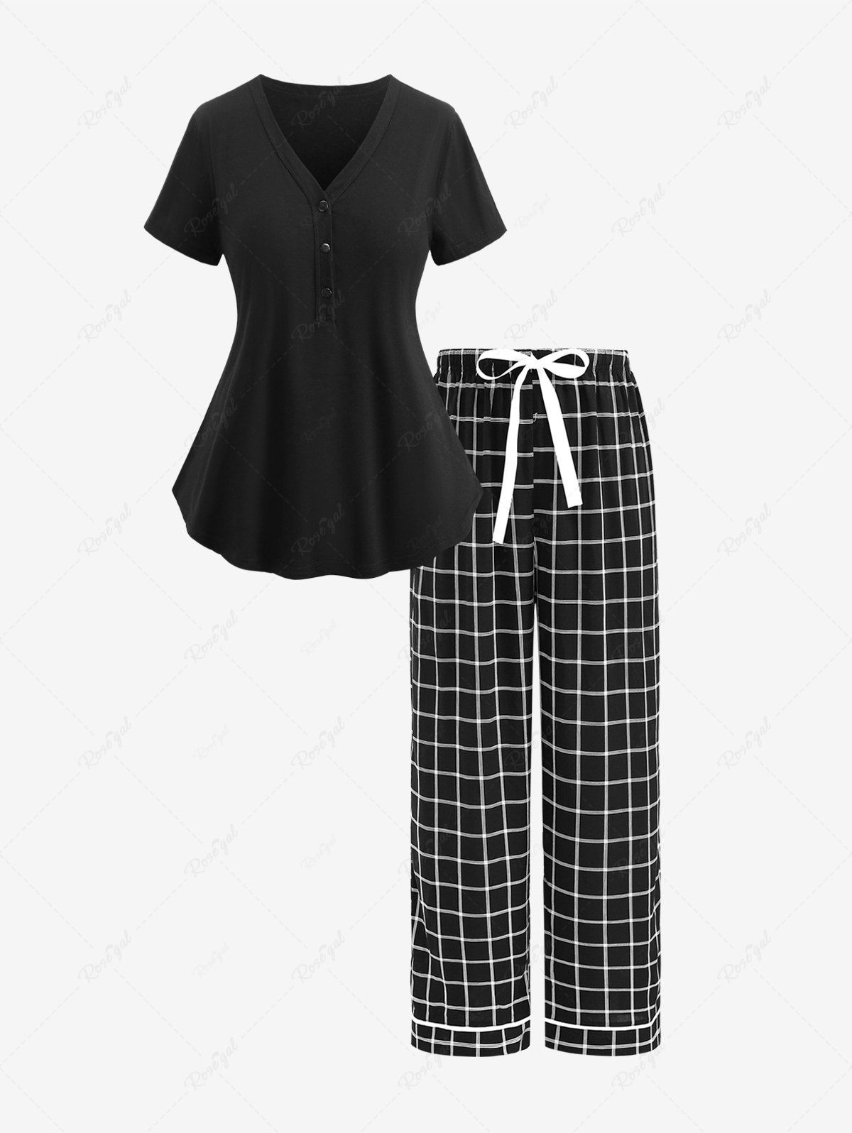 Outfit Plus Size Buttons Surplice Top and Plaid Bowknot Tied Pants Pajama Set  