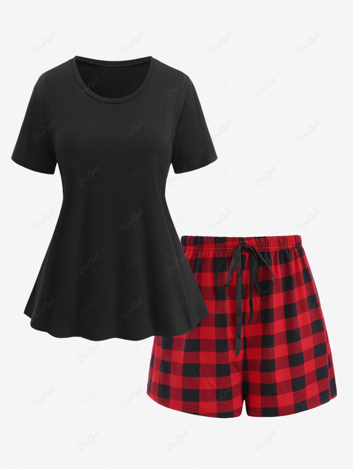 Store Plus Size Solid Color Top and Plaid Bowknot Tied Shorts Pajama Set  