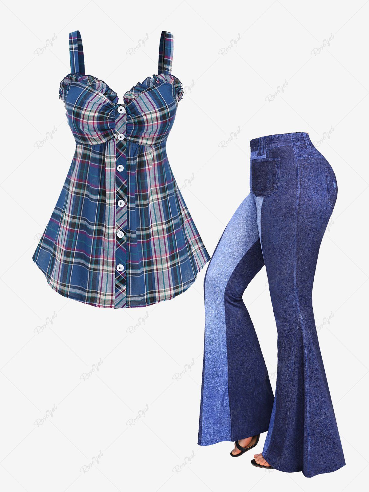 New Plaid Ruched Buttons Tank Top and Pockets Colorblock Denim Print Flare Pants Plus Size Outfits  