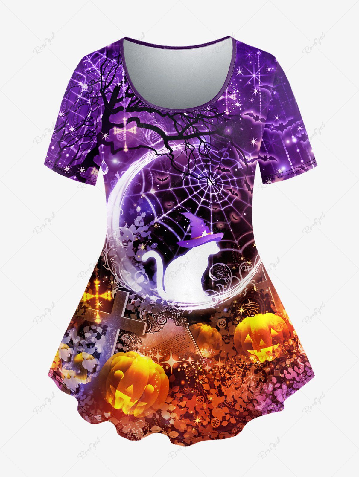 Latest Plus Size Halloween Pumpkin Hat Cat Cross Spider Web Print T-shirt  