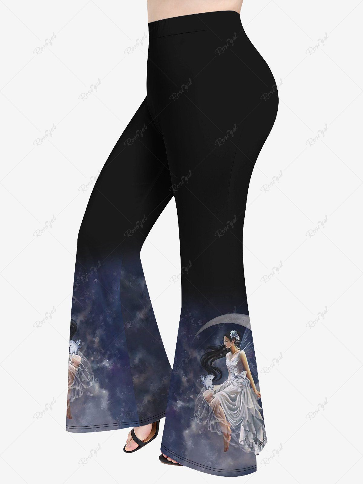 Pantalon Évasé Imprimé Chat Lune et Ailes Galaxie Grande Taille Noir 6X