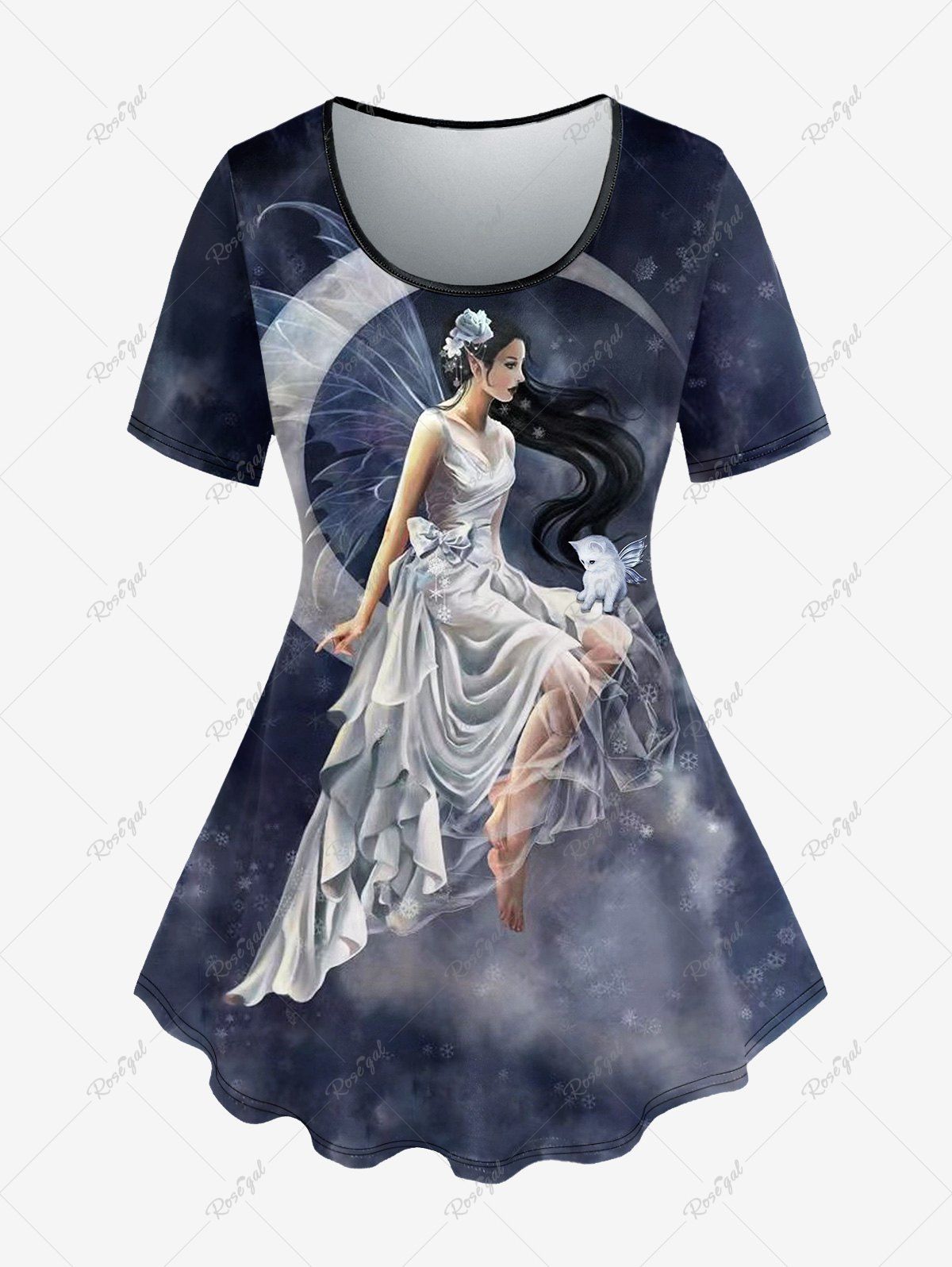 Discount Plus Size Galaxy Moon Wings Cat Angel Print T-shirt  