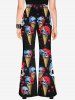 Gothic Skulls Ice Cream Floral Printed Cold Shoulder Cami T-shirt and Flare Pants Outfit -  