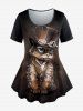 Plus Size Cat Hat Floral Printed T-shirt and Flare Pants 70s 80s Outfit -  