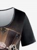 T-shirt Shirt Grande Taille Imprimé Chat Floral et Chapeau Smocké - Café profond 