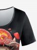 T-shirt Gothique Crâne Champignon Imprimés à Manches Courtes - Noir 1X