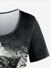 T-shirt Gothique Peinture Eclaboussée Loup et Lune Imprimés à Manches Courtes - Noir 2X