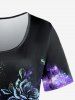 Plus Size Flower Galaxy Glitter Print Ombre Short Sleeves T-shirt -  