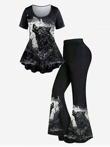 Wolf Moon Short Sleeves T-shirt And Wolf Moon  Print Flare Pants Gothic Outfit