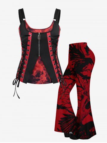 Gothic Tie Dye Lace-up Zip Front Tank Top and Flare Pants Outfit - BLACK
