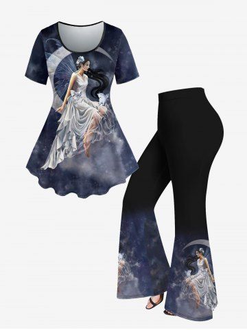 Galaxy Moon Wings Cat Angel Print T-shirt and Flare Pants Plus Size 70s 80s Outfits - BLACK