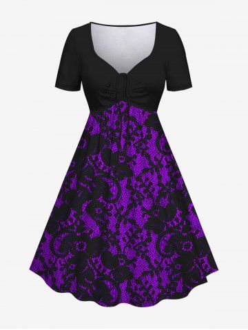 Plus Size Flower Print Cinched Ruched Dress - CONCORD - XS