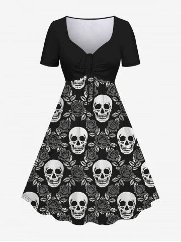 Halloween Plus Size Skull Rose Print Cinched Ruched Dress - BLACK - XS