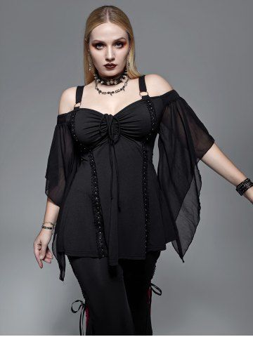 Gothic Cinched Ruched Rings Bell Sleeve Cold Shoulder Top - BLACK - M | US 10