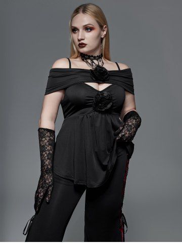 Gothic Flowers Ruched Cold Shoulder Top