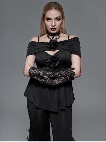 Gothic Flowers Ruched Cold Shoulder Top - BLACK - 3X | US 22-24