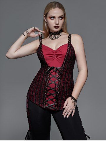 Gothic Lace Ruched Lace-up Tank Top - DEEP RED - M | US 10